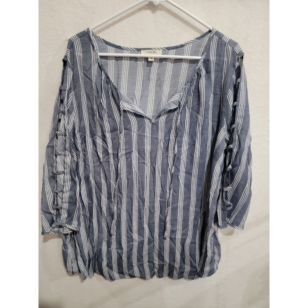 Como Blu Womens Plus Size 3X Blue White Striped Ladder Sleeve Blouse Boho V-Neck